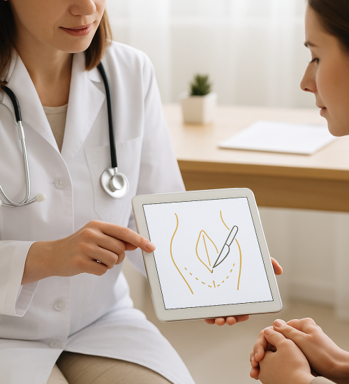 Eine Ärztin im weißen Kittel erklärt einer Patientin mit Hilfe eines Tablets den Ablauf einer ästhetischen Labioplastik. Das Bild zeigt eine vertrauensvolle Beratungssituation in einer hellen, modernen Praxis bei Festhetic Medical Düsseldorf.